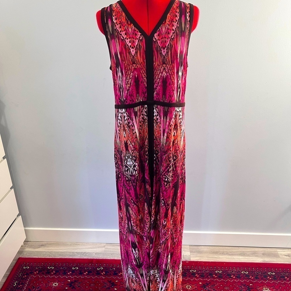 Chicos Stained Glass Print Sleeveless Maxi Dress V Neckline Black Accent Slit S1